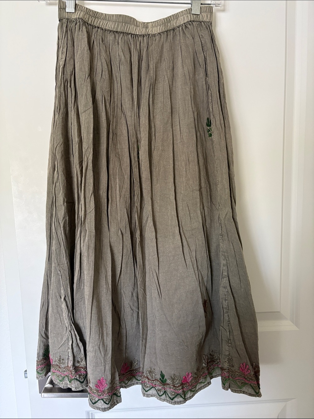 Young Threads Sage green Boho Embroidered Maxi Skirt - Taupe with Pink Accents